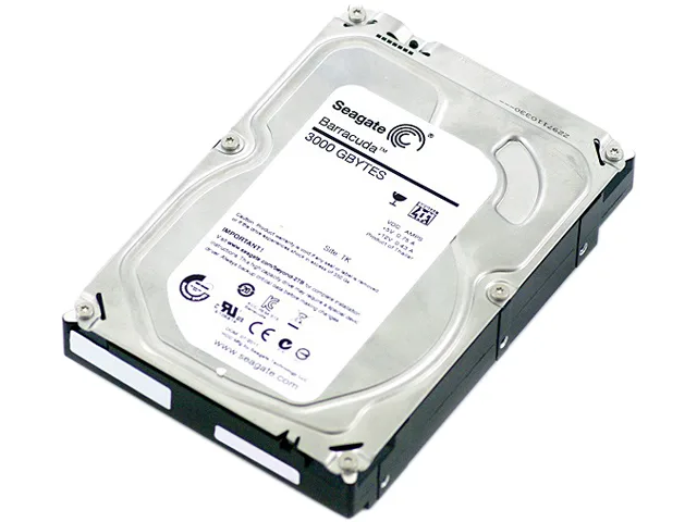 Silver 3.5 inch bare hard drive with exposed circuit board