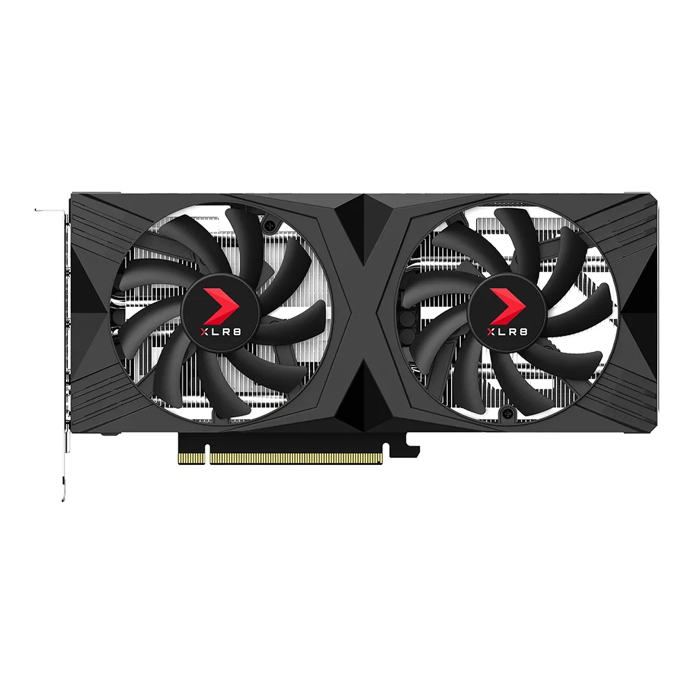PNY GeForce RTX 4060 Ti 8GB dual-fan graphics card, black shroud, metal backplate, two-slot ATX form factor