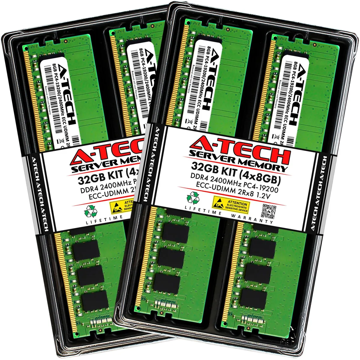 A-Tech A-Tech 32GB (4x8GB) DDR4 2400 MHz ECC UDIMM CL17 2Rx8 1.2V 288-Pin Server RAM — produktbild
