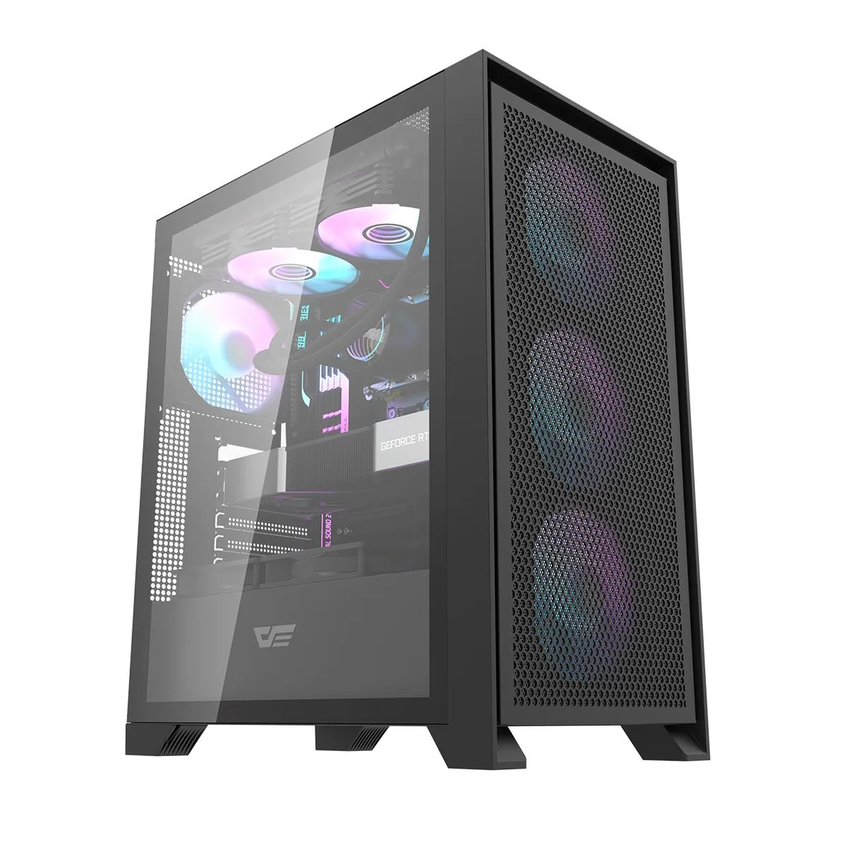 Black ATX mid-tower case with magnetic mesh front panel, tempered glass side panel and three pre-installed RGB fans