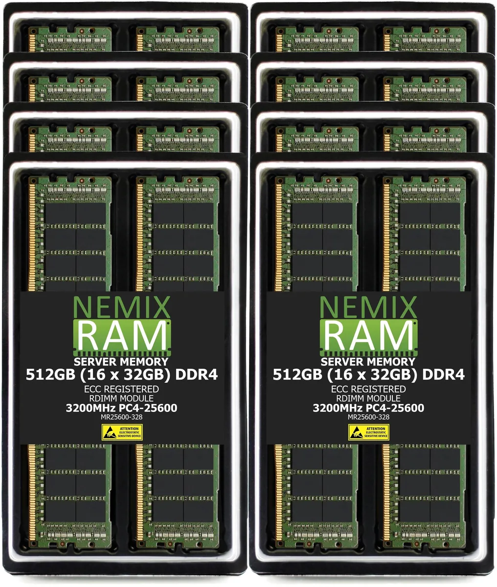 Sixteen green DDR4 ECC RDIMM modules in a row