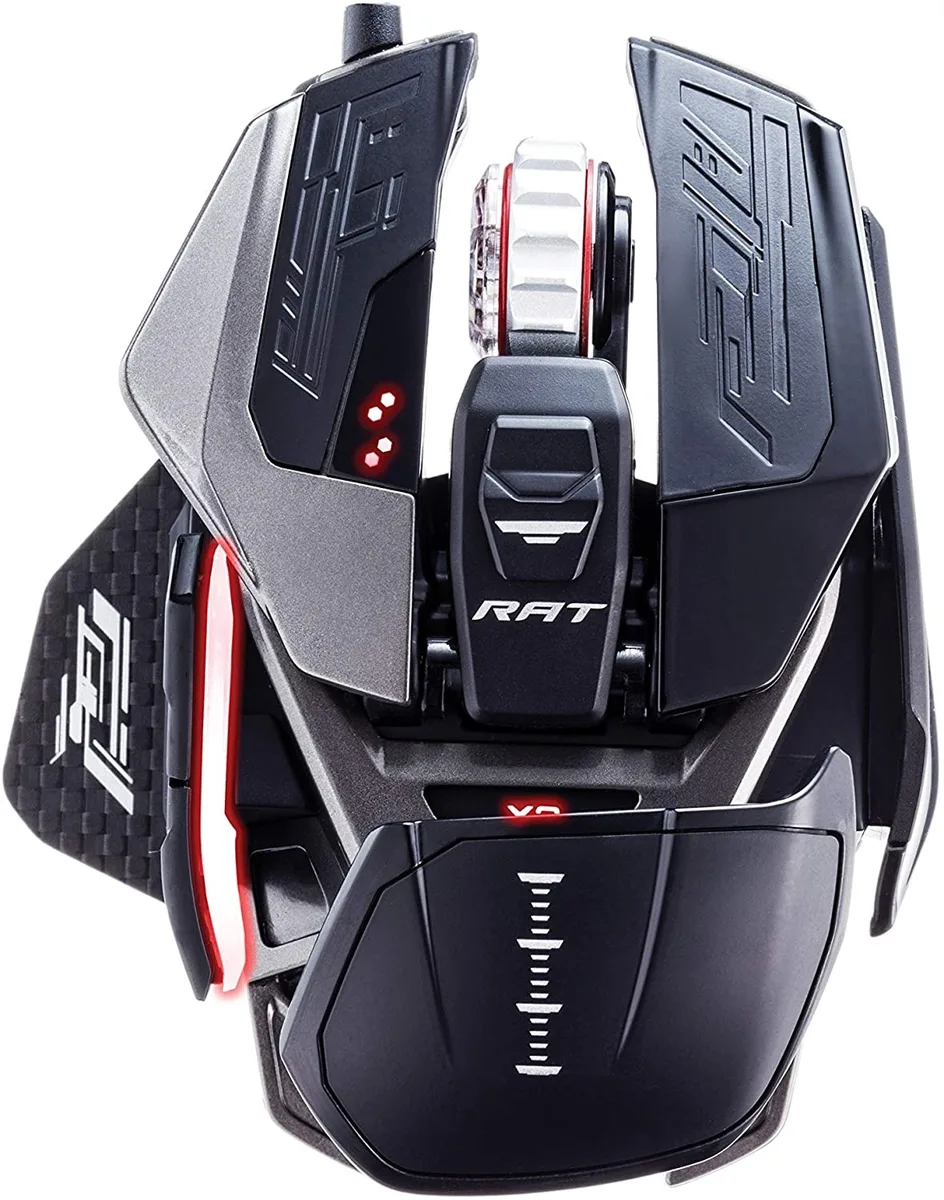 Black wired gaming mouse with modular adjustable palm rest thumb rest and scroll wheel carbon fiber accents titanium screws