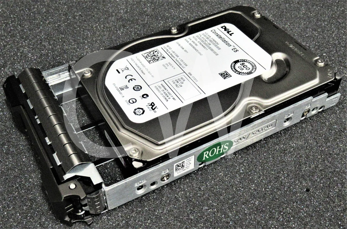 A silver 3.5 inch SATA hard drive mounted in a black Dell R-series tray
