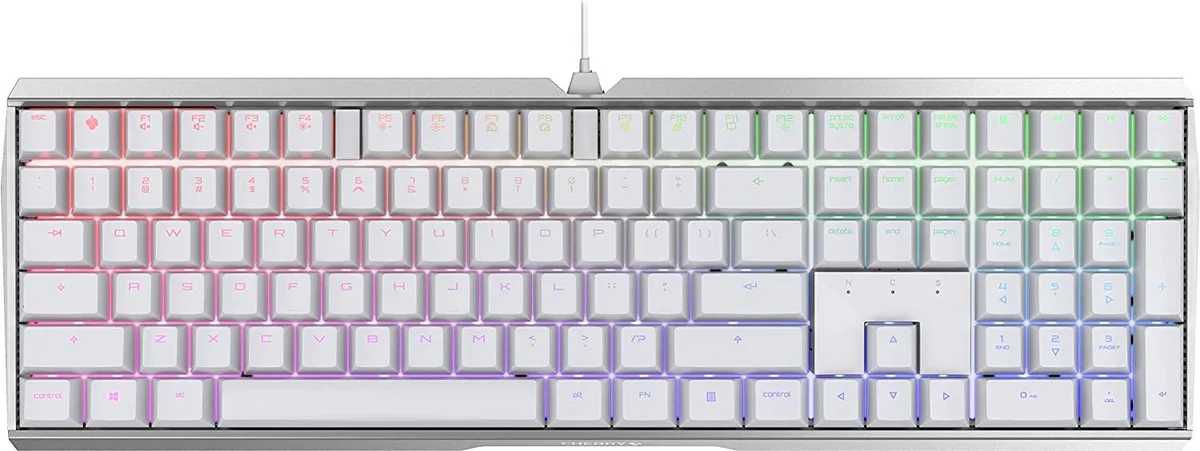 White full-size mechanical keyboard with aluminium housing and RGB lighting