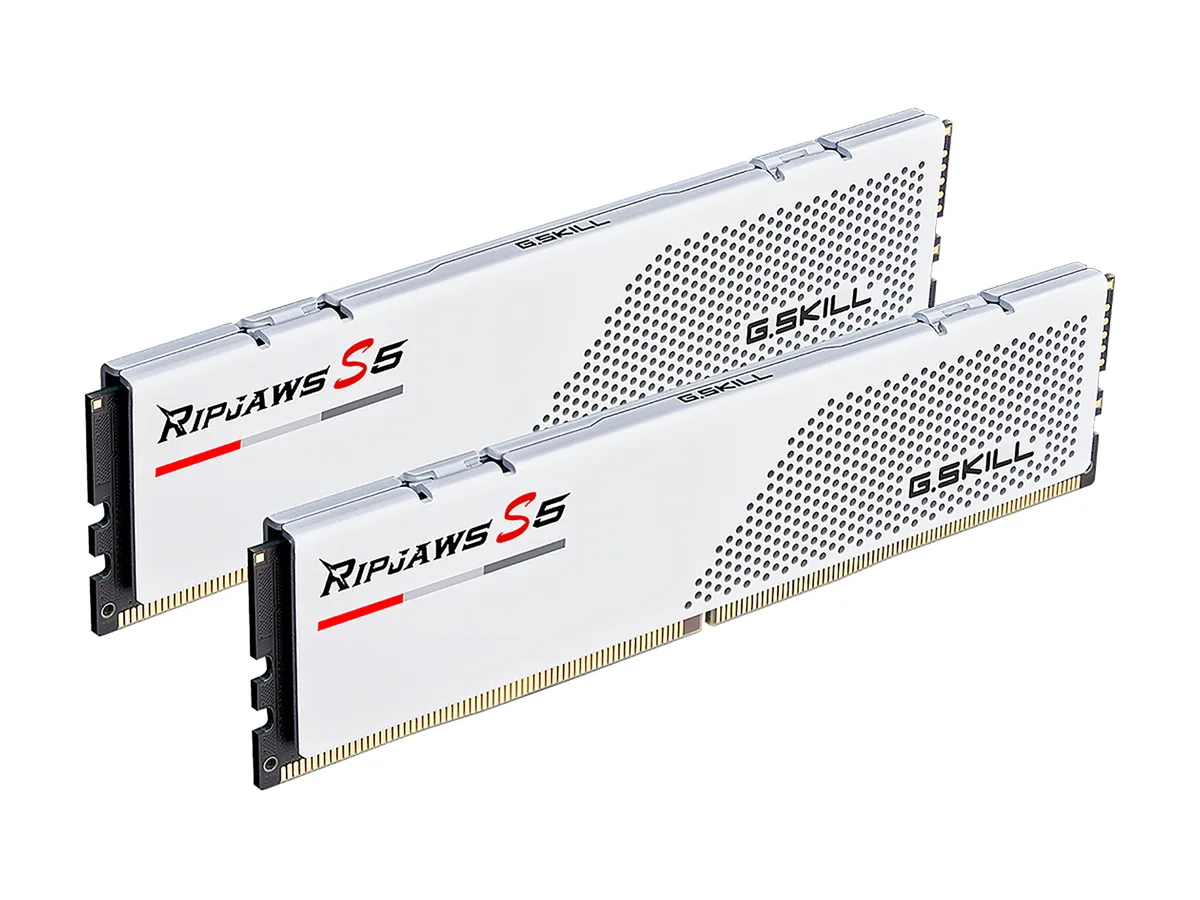 Two white low-profile DDR5 modules with aluminum heatspreaders, 33mm height