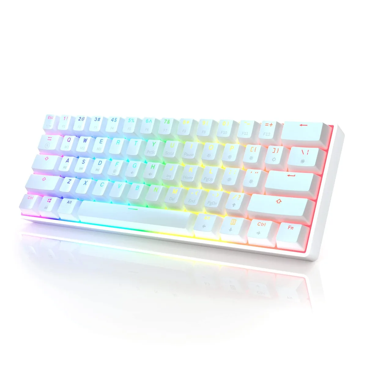 White compact 61-key keyboard with RGB backlighting and detachable USB-C cable