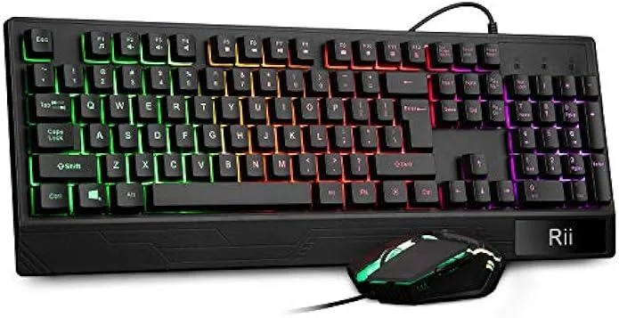 Black wired keyboard and mouse combo with RGB lighting, full-size layout, detachable wrist rest