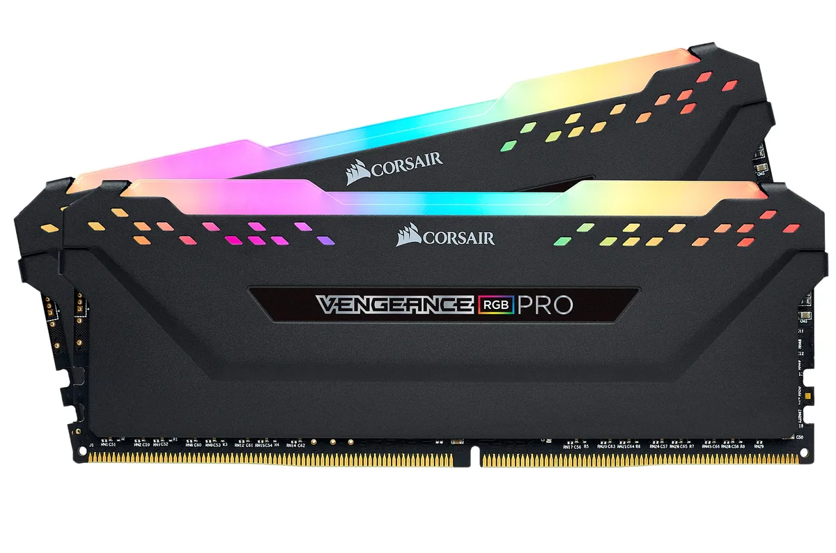 Two black DDR4 modules with anodized aluminium heat spreaders and RGB light bars