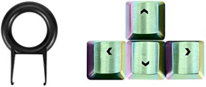 Four colourful stainless steel arrow keycaps with hollow legends and a key puller