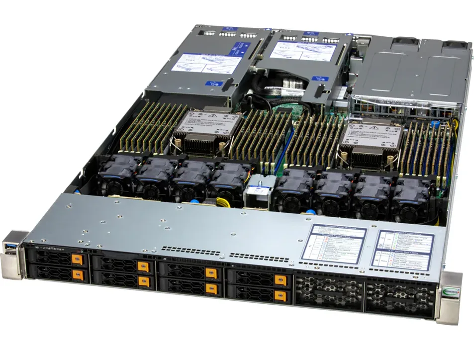 Silver 1U rack server front with eight 2.5-inch drive bays and status LEDs