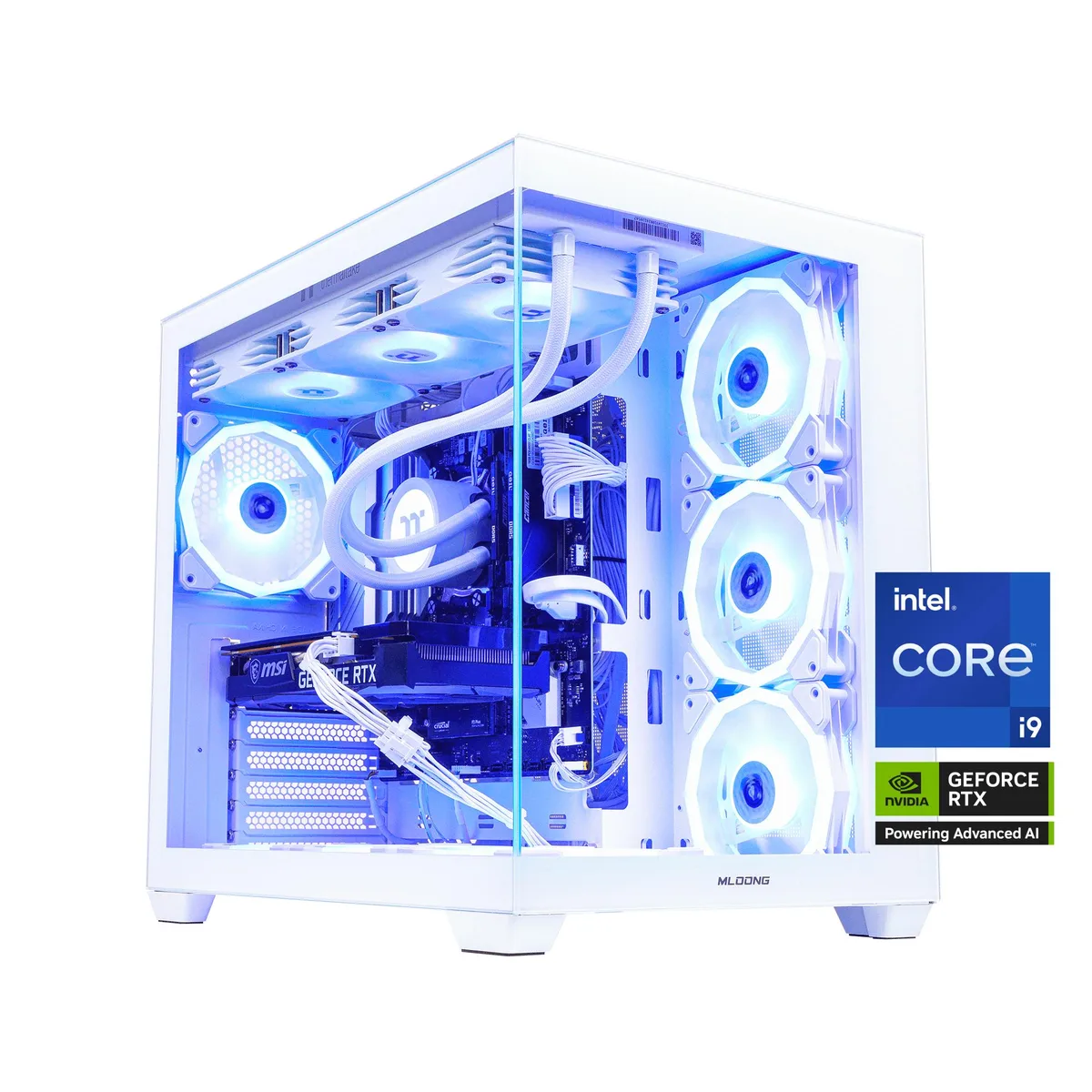 White mid-tower desktop with ARGB liquid cooling and ring fans