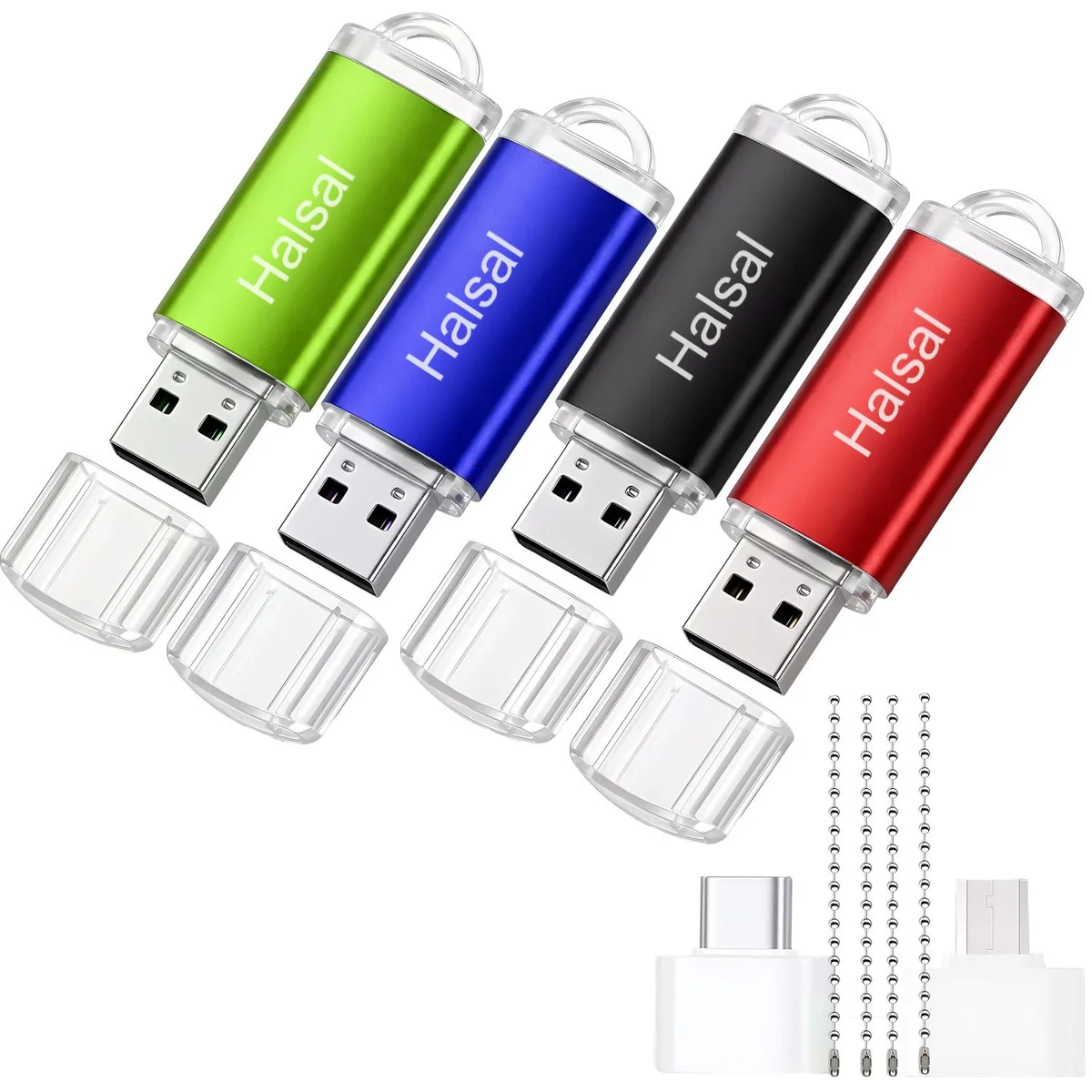 Halasal Halasal 3-in-1 USB 2.0 Flash Drive 8 GB 4-pack Blue &amp; Black with Type-C &amp; Micro USB Adapters — 제품 사진