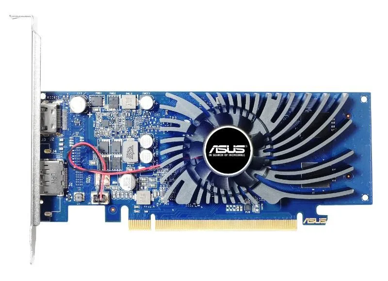 Low-profile graphics card with single fan, black shroud, HDMI and DisplayPort brackets