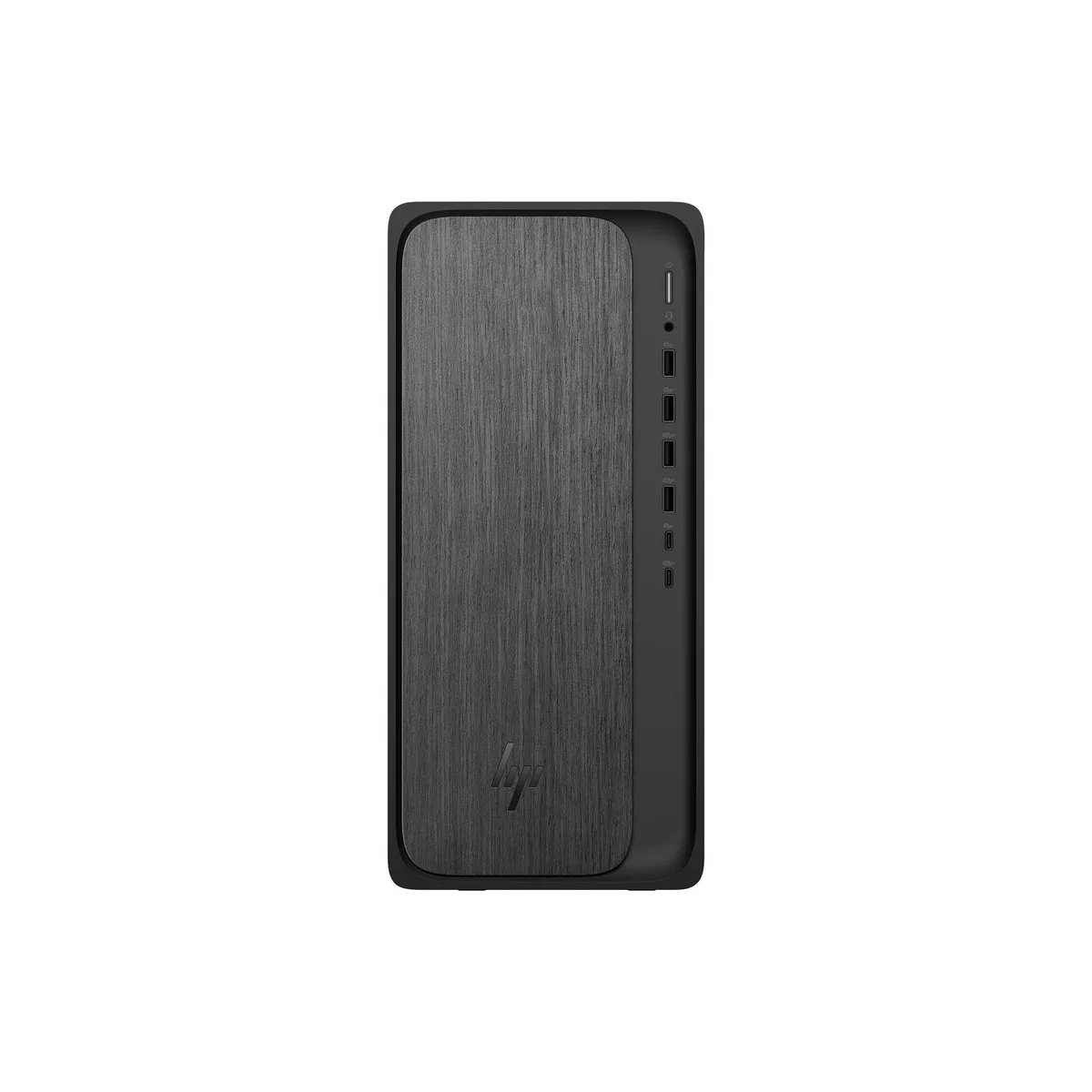 Small black tower desktop standing upright with smooth matte finish