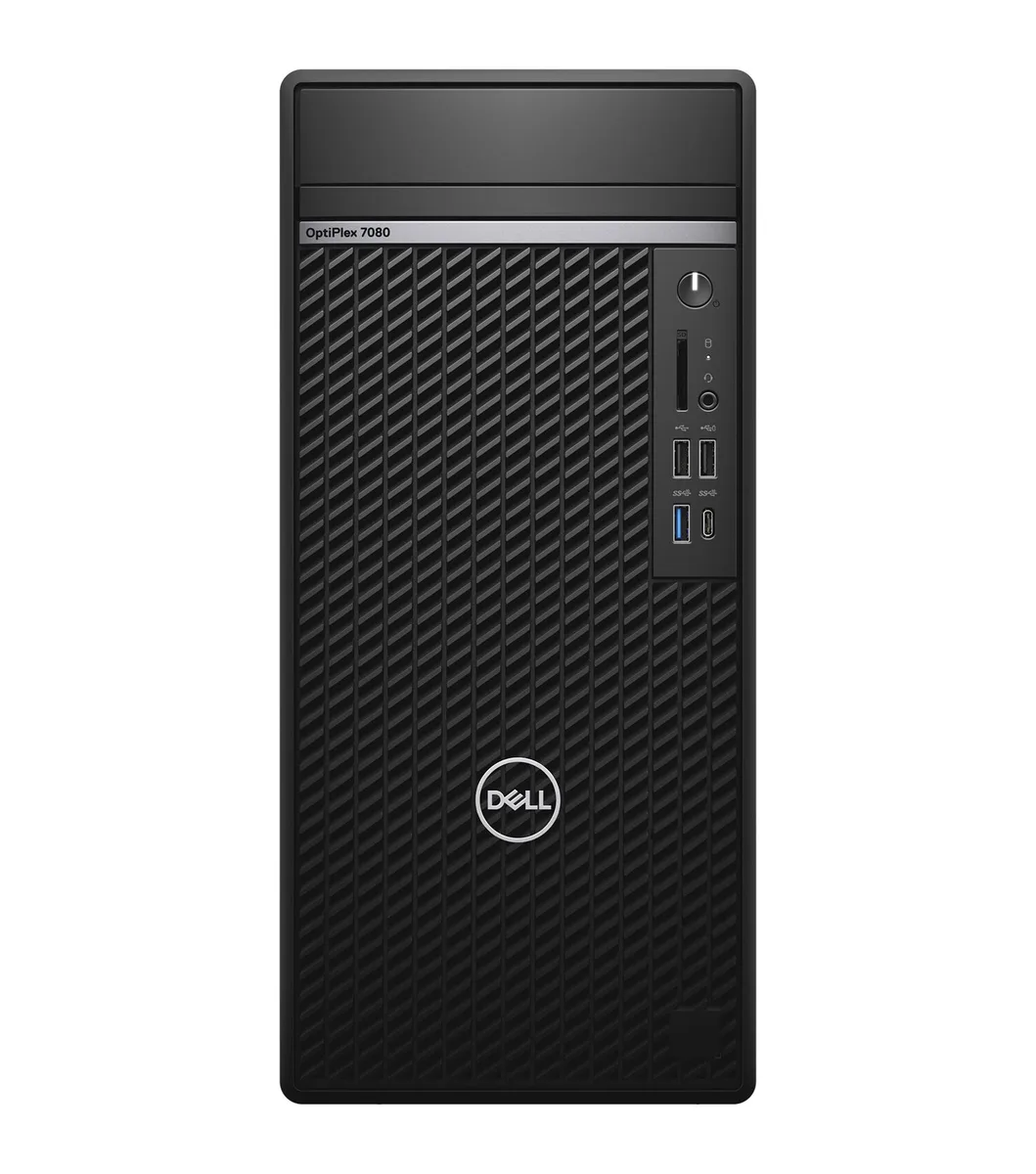 Black tower desktop PC standing upright, matte finish, front panel with USB ports and power button