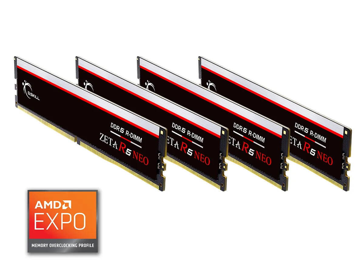 Four black DDR5 RDIMM modules with silver heatspreaders and gold contacts