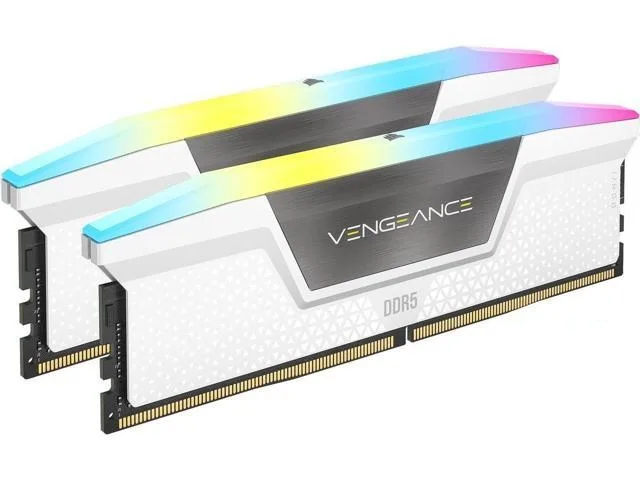 Two white DDR5 memory sticks with RGB light bars