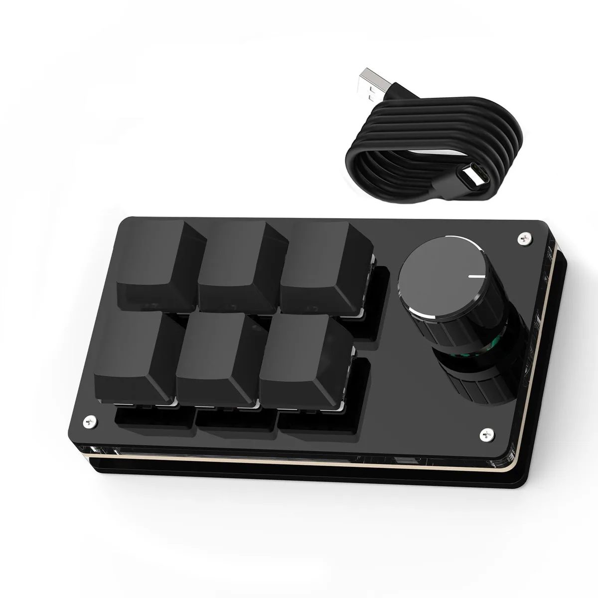 Black six-key macro keypad with hot-swappable switches and USB cable