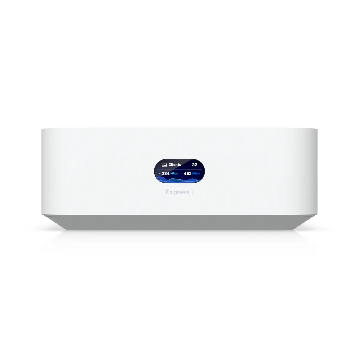 Compact white square router with rounded edges, flat top and subtle branding