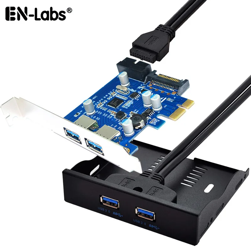 A green PCIe card with two rear USB ports and a silver 3.5-inch front panel connected by a black ribbon cable