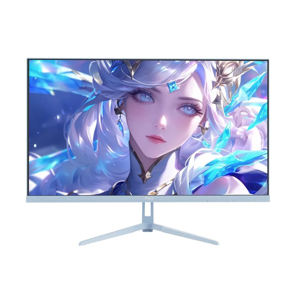 Blue 27 inch gaming monitor with frameless edges on three sides and a flat stand