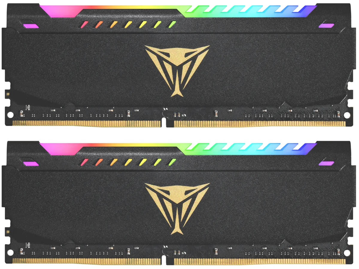 Two black DDR4 modules with aluminum heat spreaders and gold Viper logos, RGB lighting visible