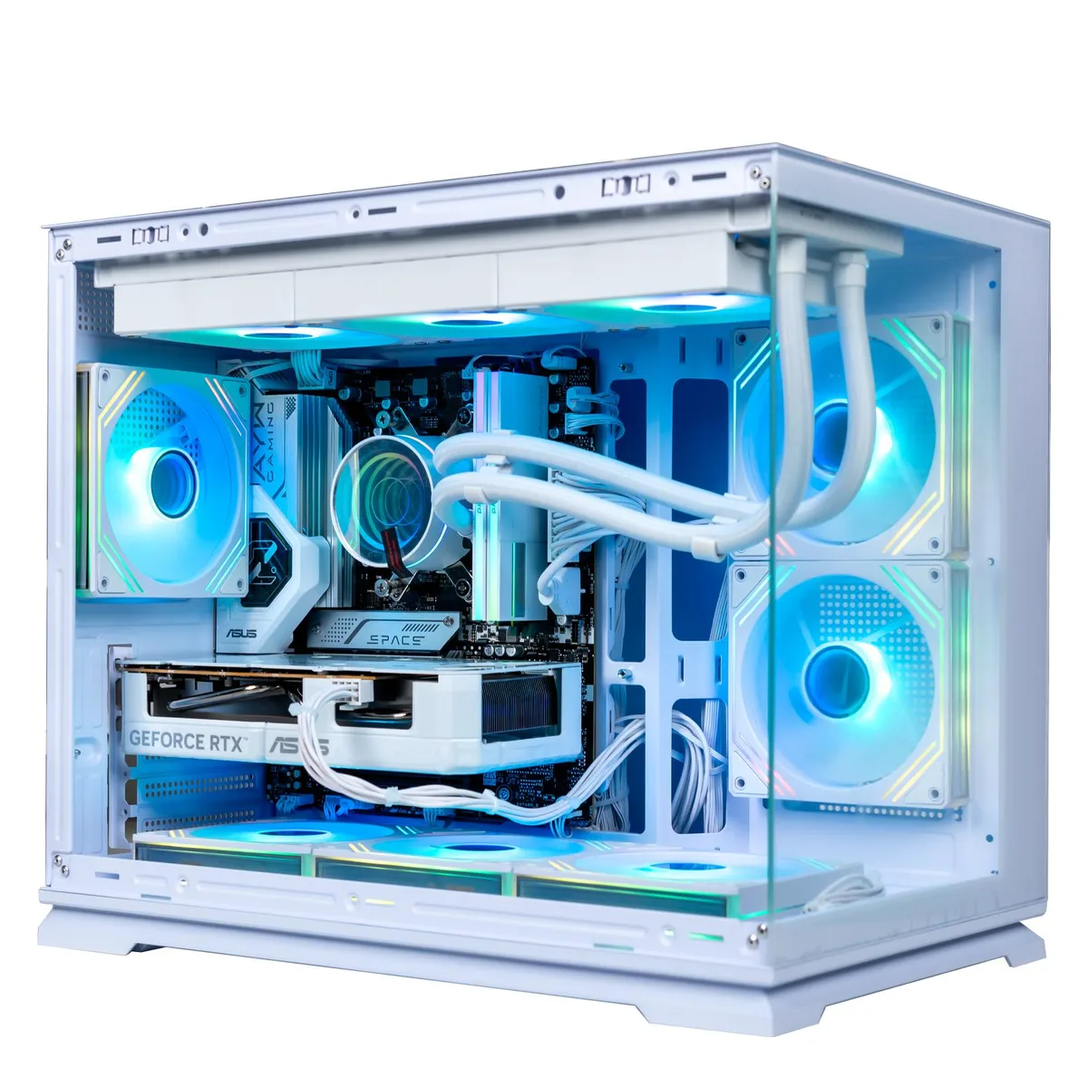 White mid-tower PC with tempered glass side panel and white components inside