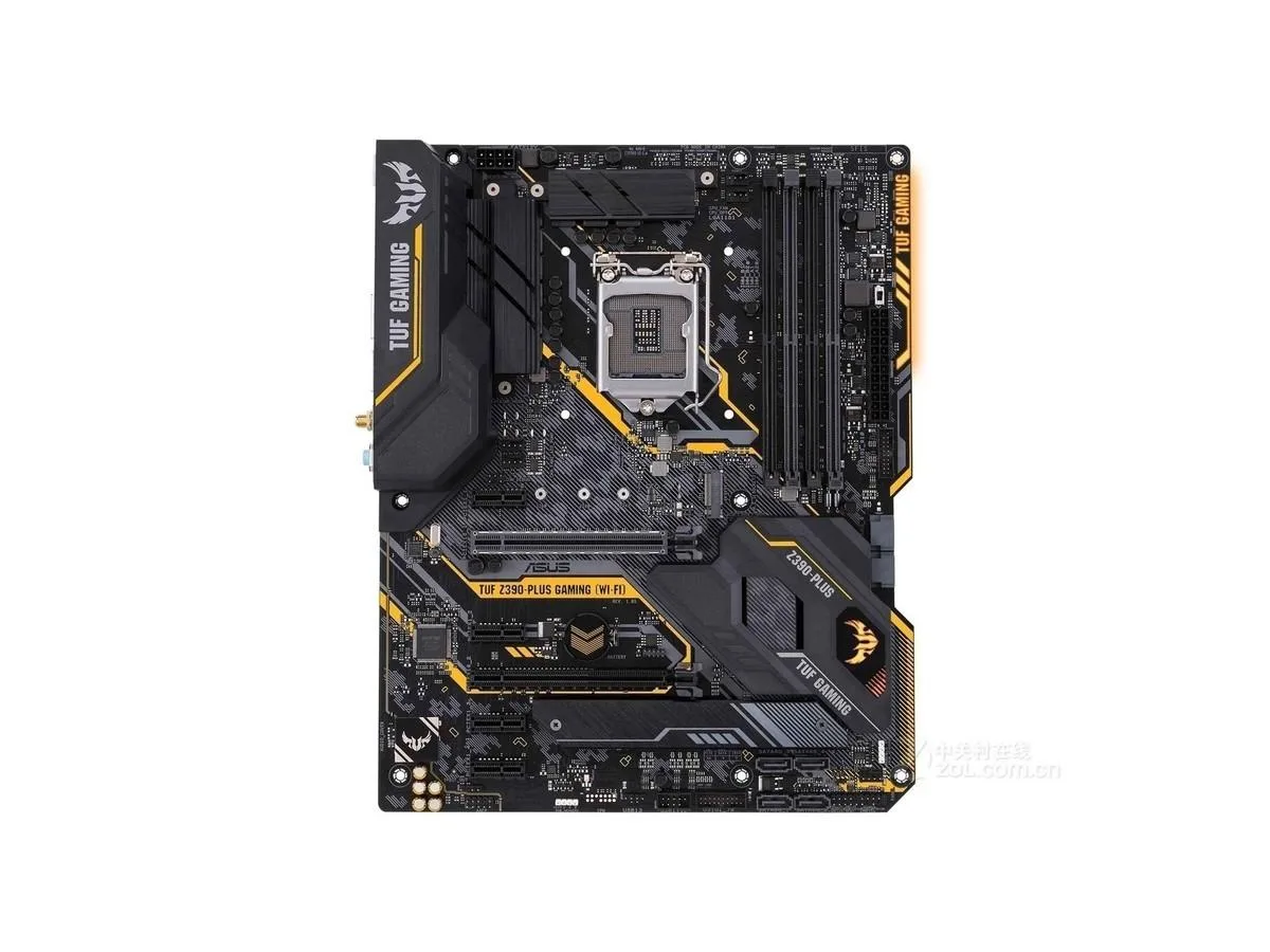 ATX motherboard with black PCB, metal heatsinks and rear I/O shield