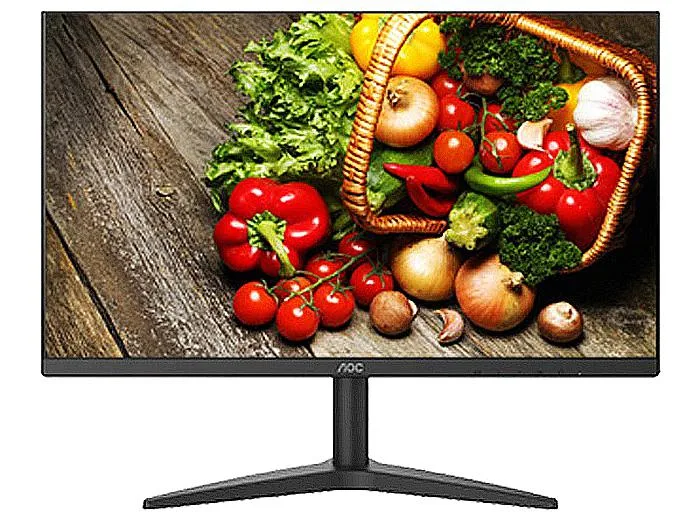 AOC 24B1XHM 24 inch flat black monitor with three sided thin bezels on a tilt stand