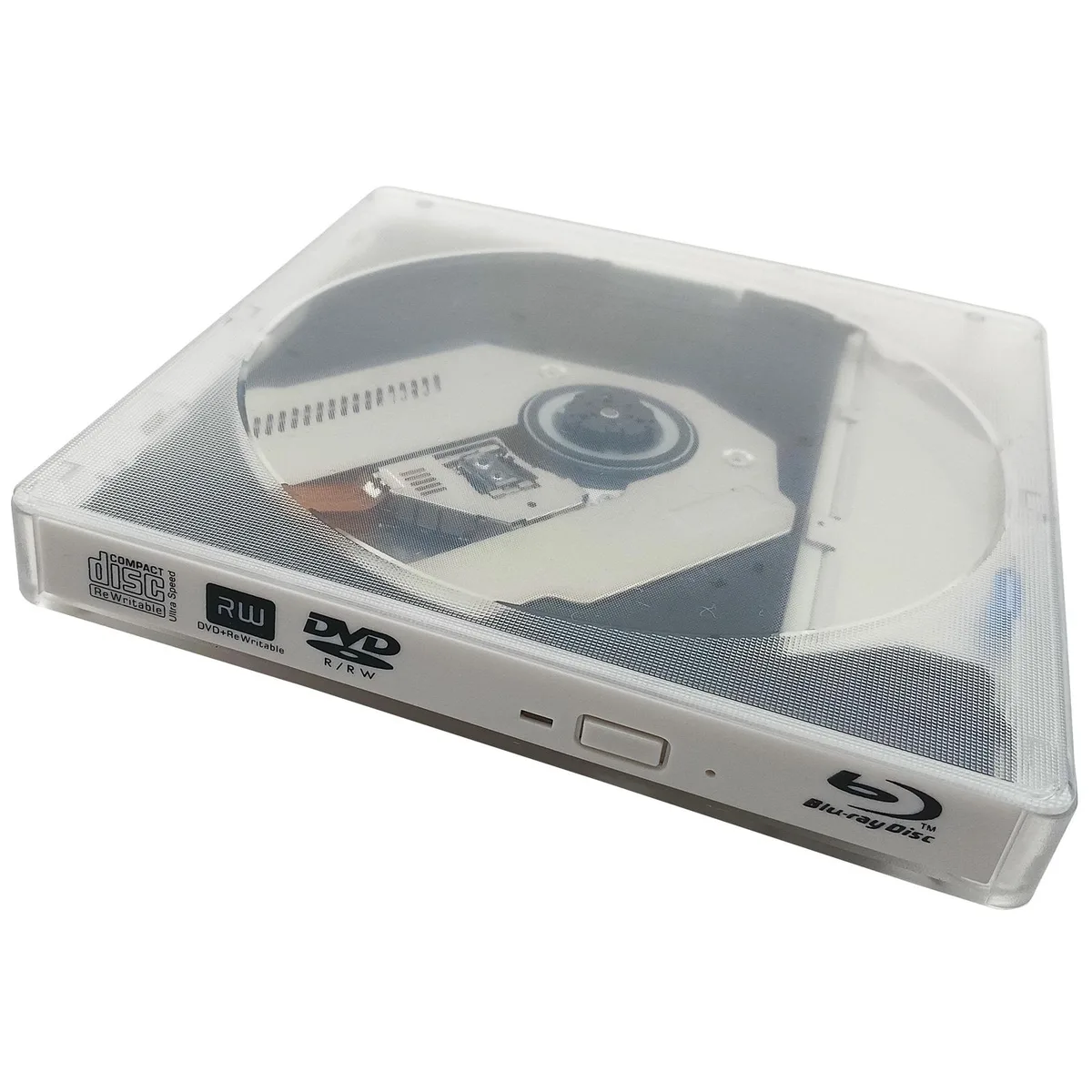 White rectangular external Blu-ray drive with tray loading slot and USB connectors