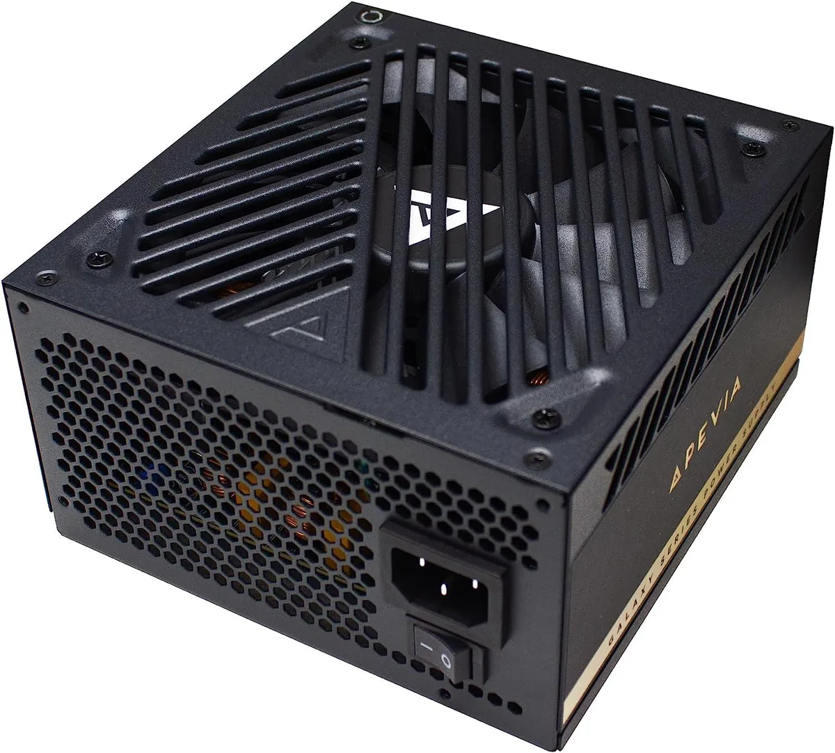 Black rectangular ATX power supply with RGB fan visible through mesh grille