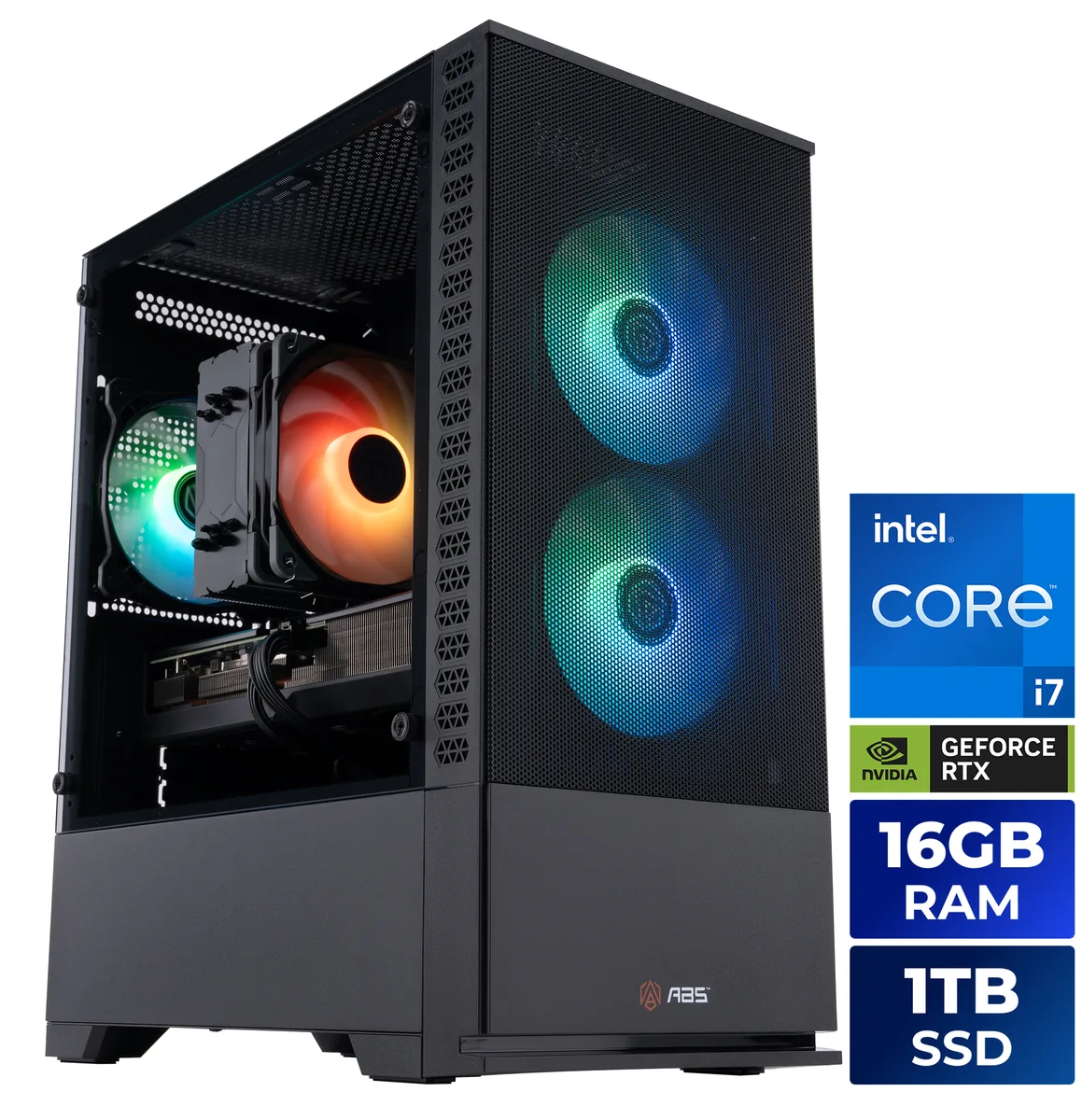 Black micro-tower gaming desktop with ARGB CPU cooler visible through side panel