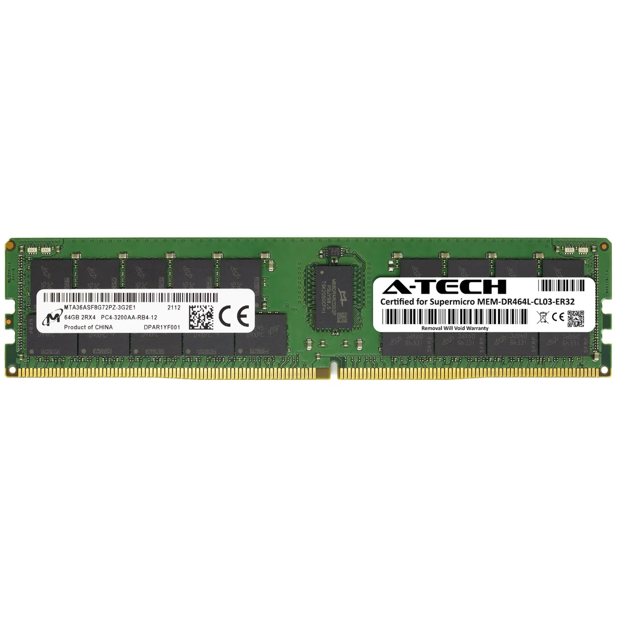 Green 288-pin DDR4 RDIMM with black memory chips and silver heatsink, 64GB capacity