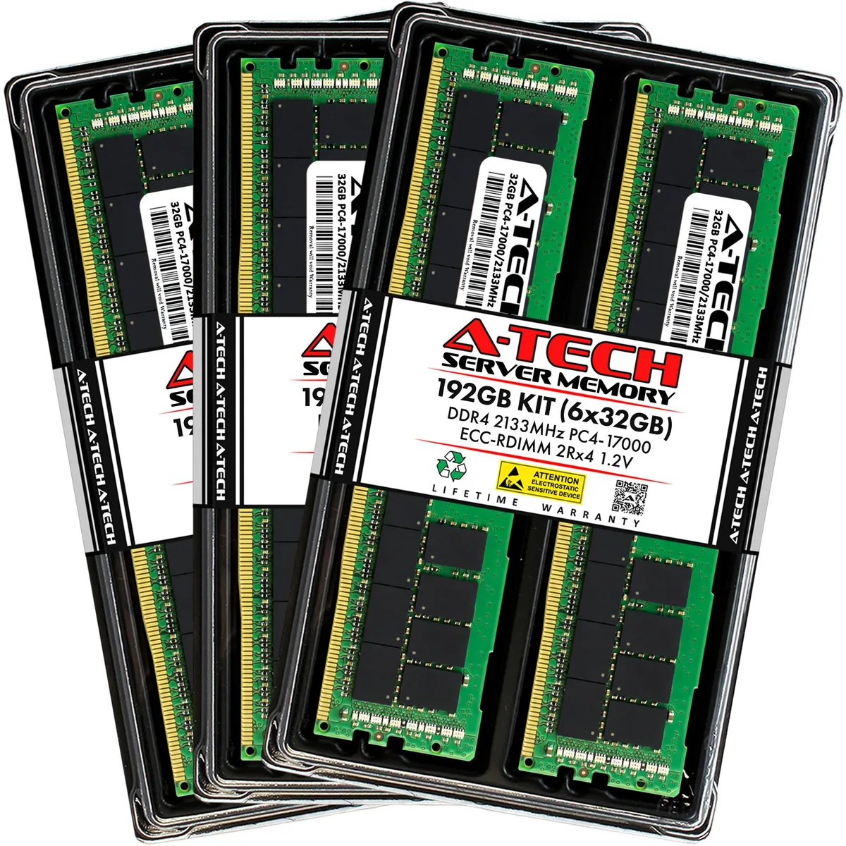 Six green DDR4 ECC registered DIMM modules without heat spreaders
