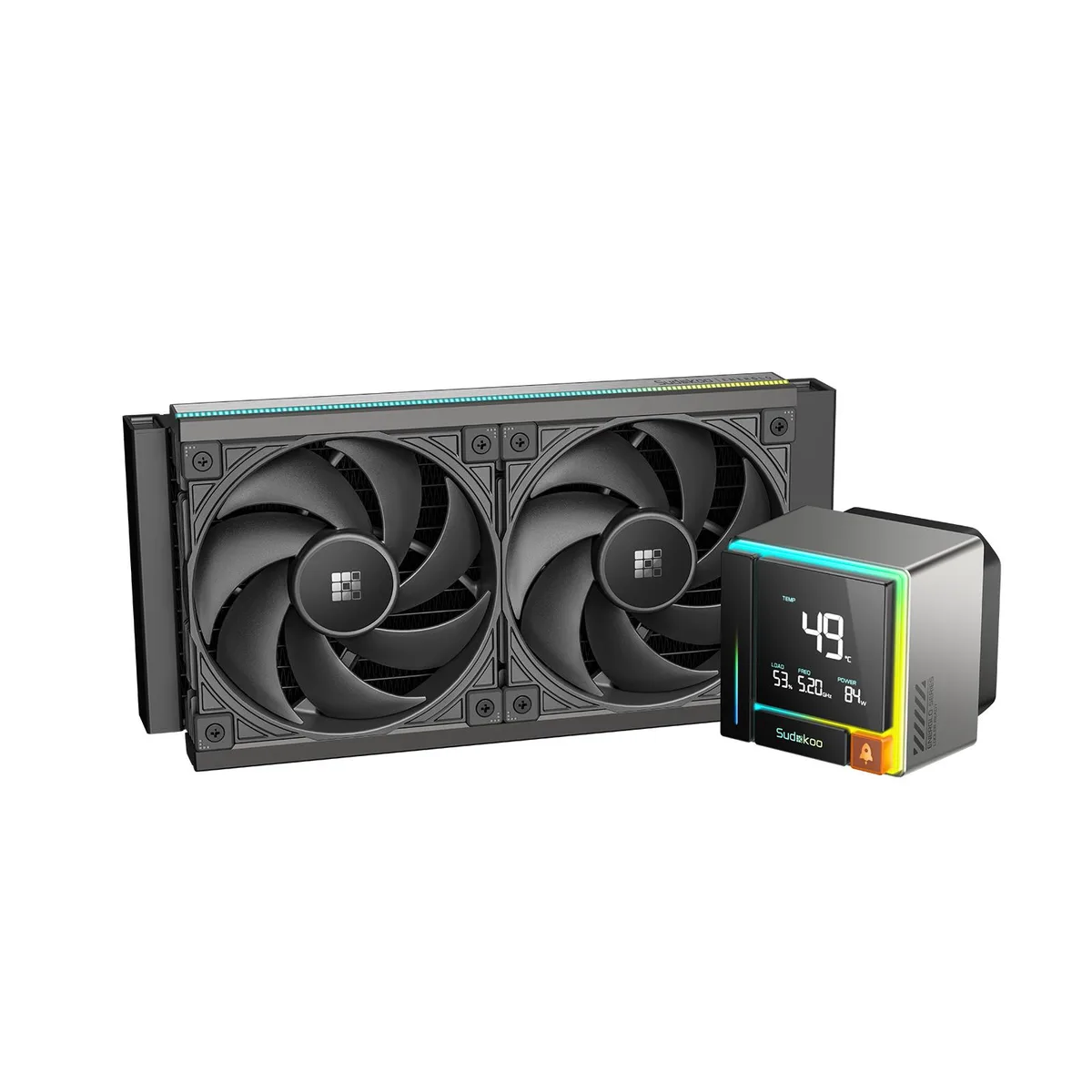 Black 240 mm AIO cooler with square pump head showing LCD display and two 120 mm fans on aluminium radiator