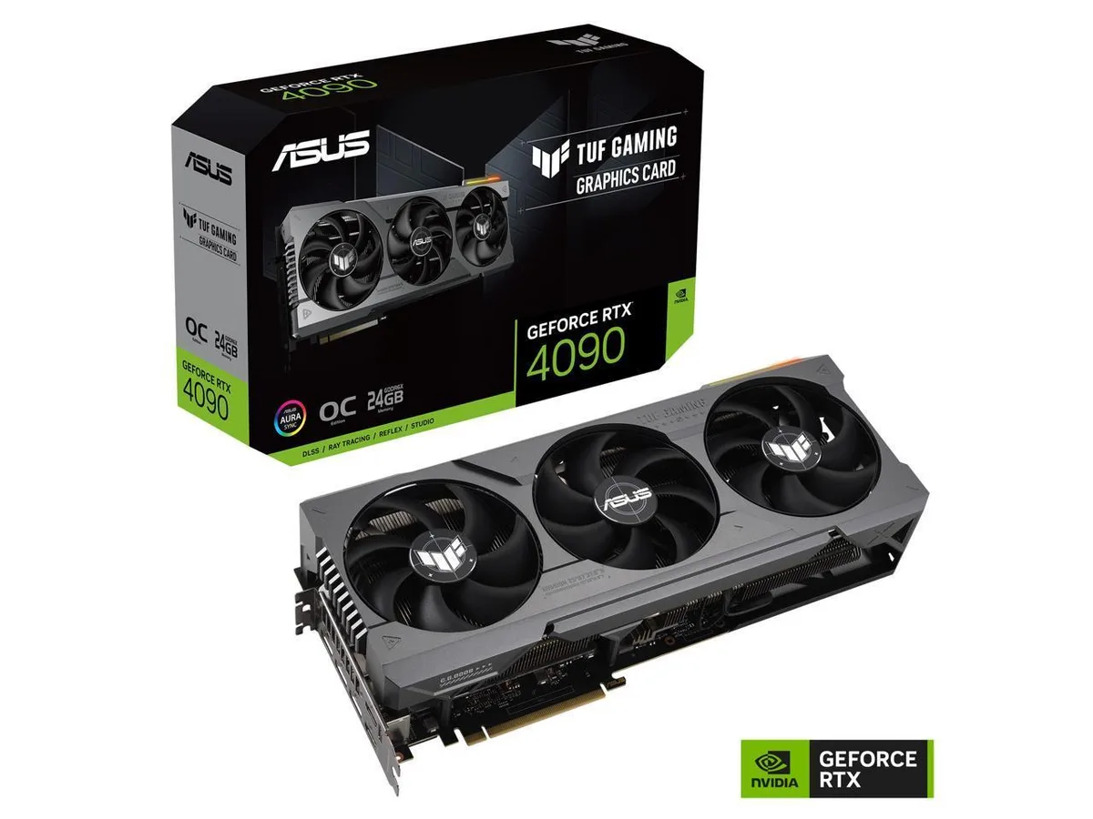 ASUS TUF Gaming RTX 4090 graphics card with triple axial fans and metal exoskeleton visible