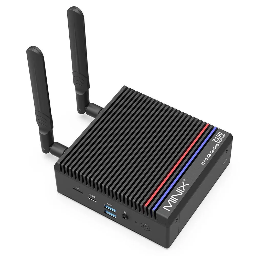 Small black fanless mini PC with VESA mount