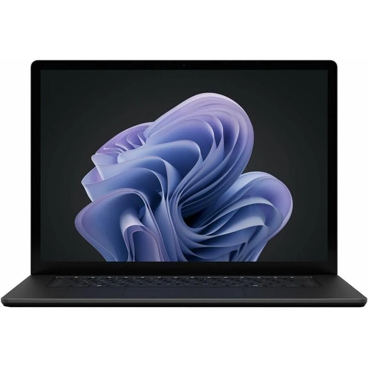 Black 15-inch laptop with touchscreen display, slim profile, matte finish