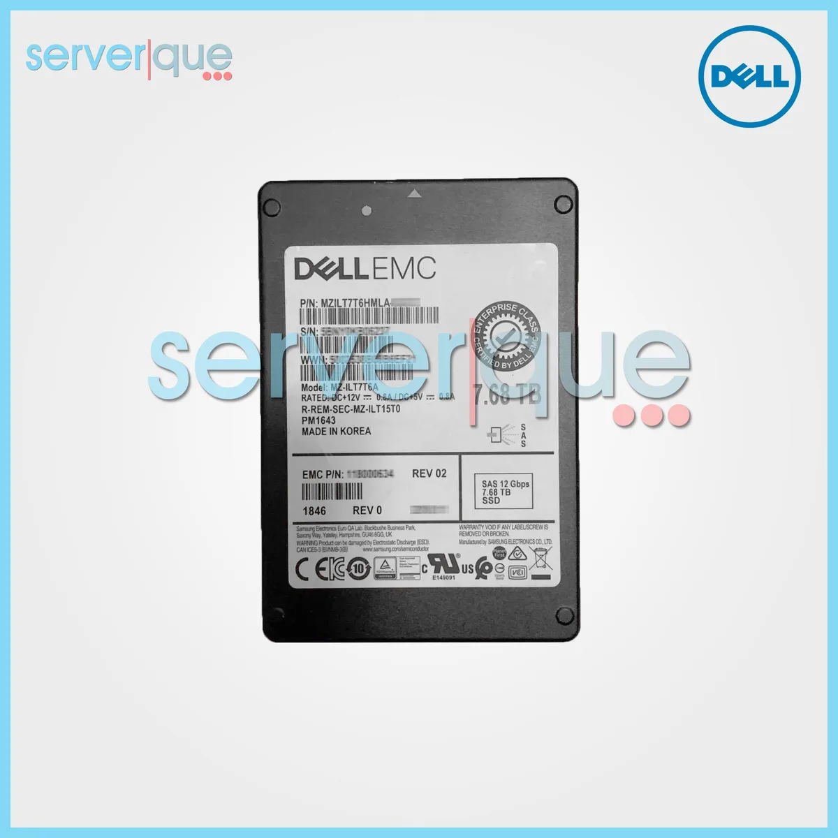 Rectangular silver 2.5 inch SSD with label showing 7.68TB capacity