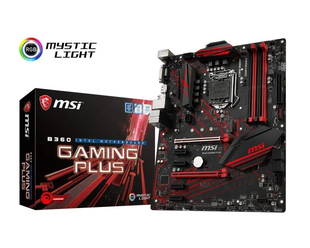 Black ATX motherboard with silver heatsinks and red accents