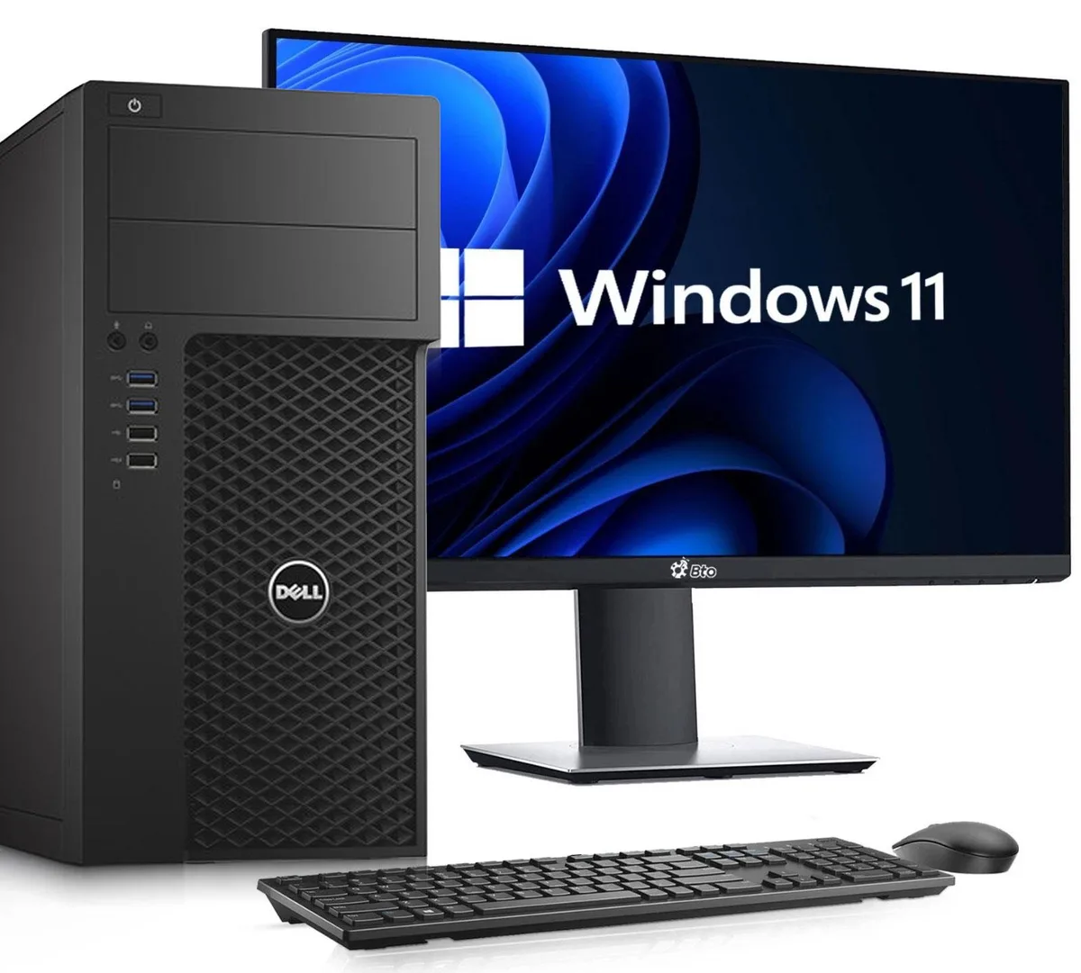 Black Dell Precision 3620 tower desktop with 24 inch LED monitor, wireless keyboard and mouse