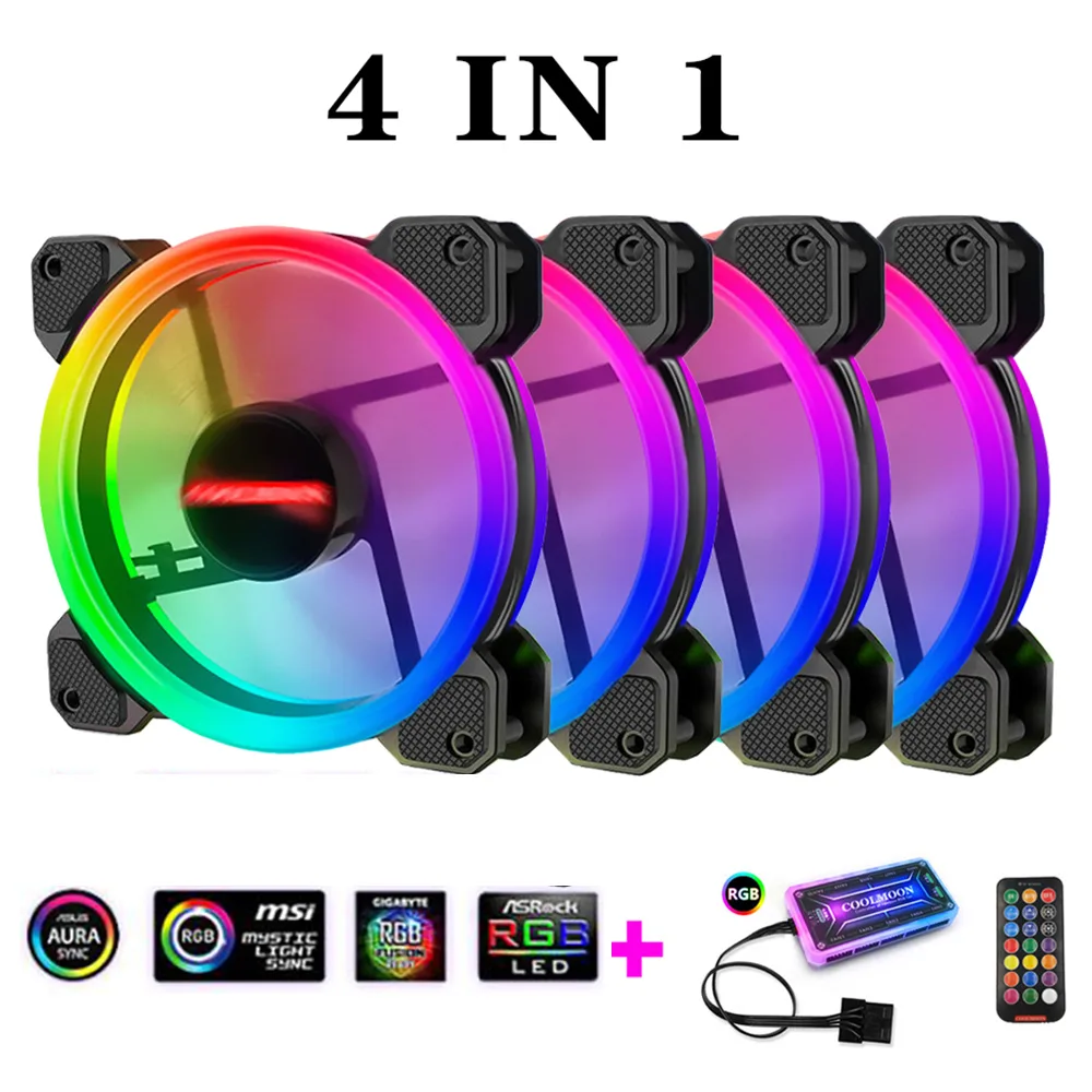 Hitoor Hitoor 4 × 120 mm RGB case fan 1400 RPM 38 CFM 25 dBA 4.2 W fluid bearing black 6-pin remote — product photo