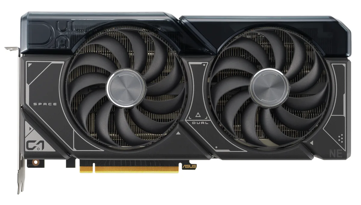 ASUS Dual GeForce RTX 4070 SUPER OC graphics card, two axial fans, metal backplate, 2.56-slot design