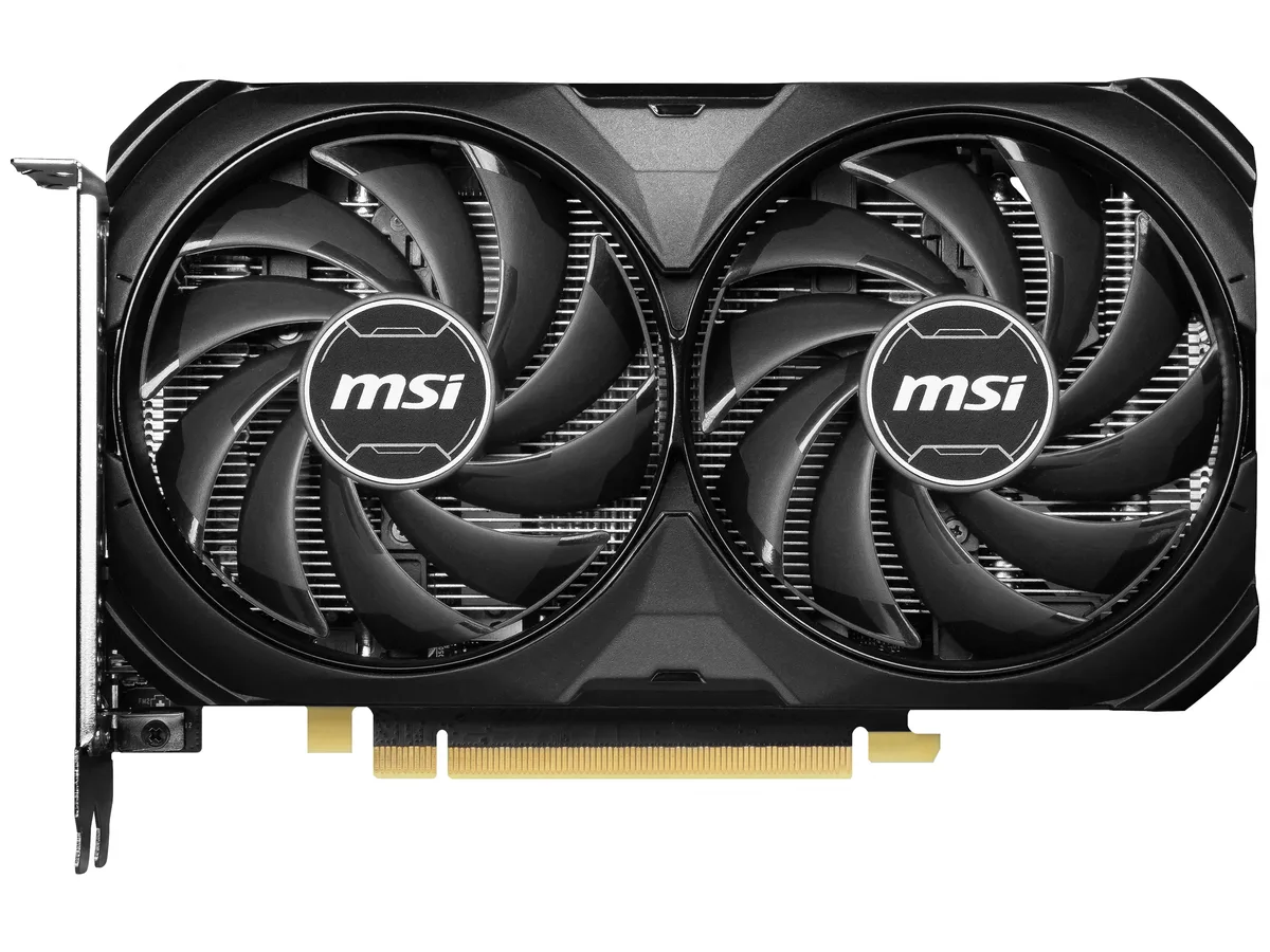 Black dual-fan graphics card with silver backplate and PCIe bracket