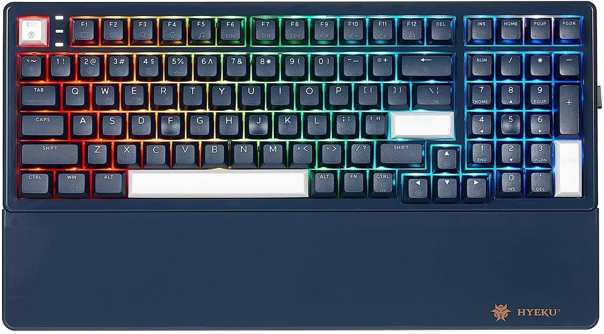 Full-size 99-key mechanical keyboard with wrist rest and RGB lighting
