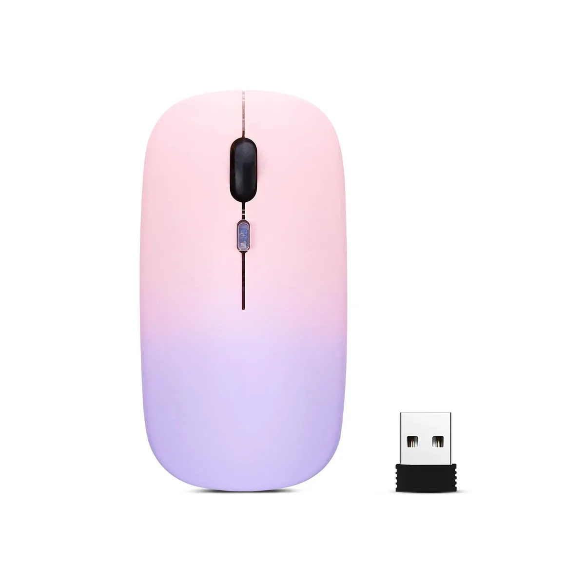 Slim wireless mouse in gradient pink purple, ambidextrous shape with LED lighting and USB receiver