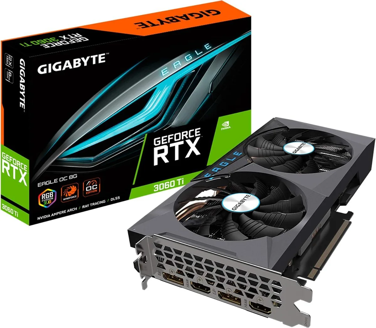 Dual-fan graphics card with silver shroud, black backplate and exposed heatsink fins