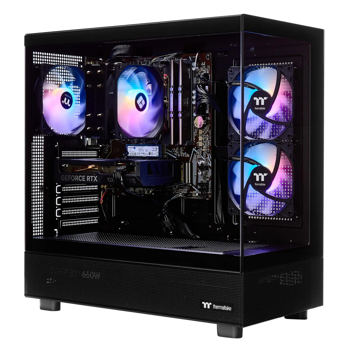 Black tempered-glass gaming tower with visible RGB lighting inside
