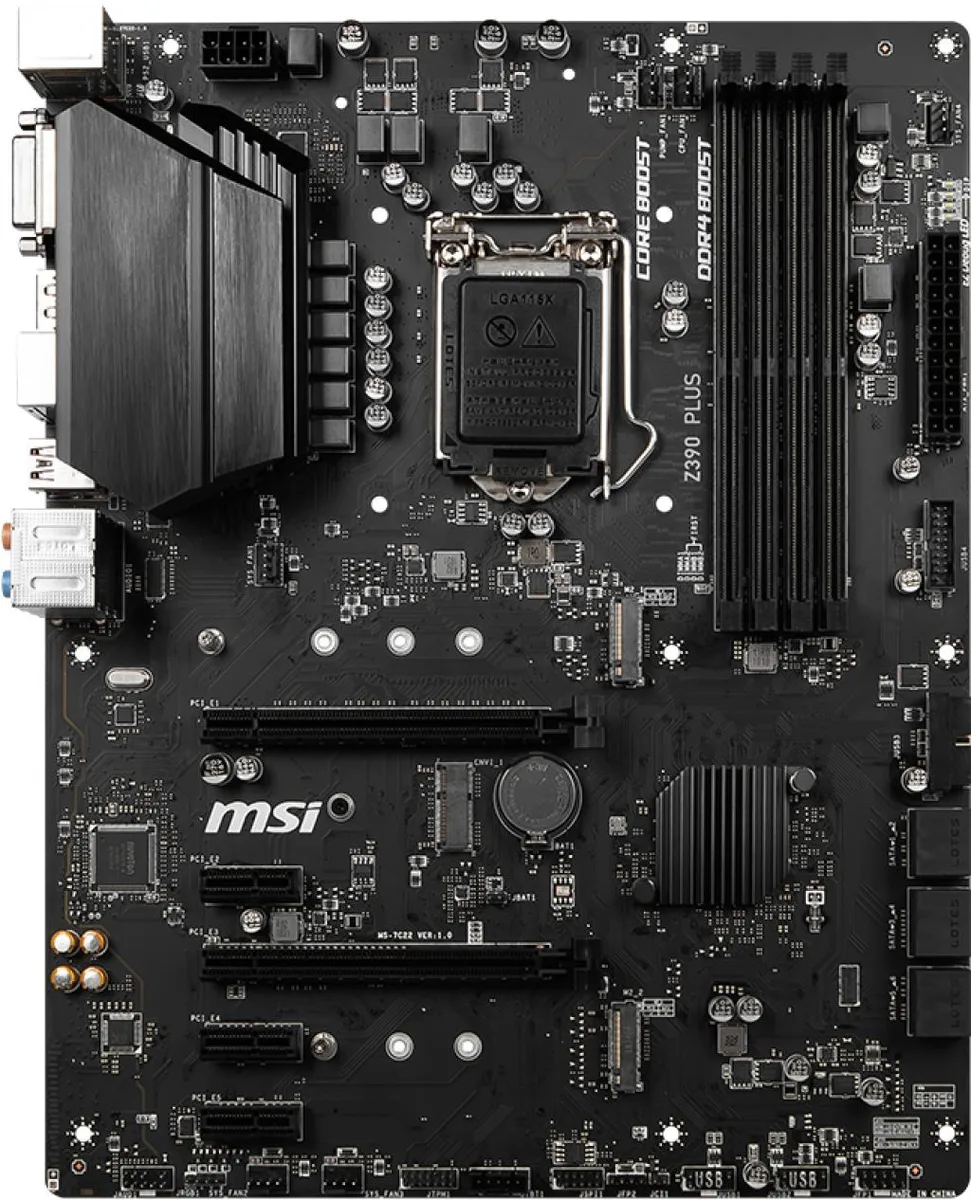Black ATX motherboard with silver heatsinks and multiple expansion slots
