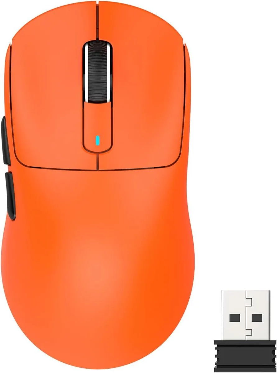 White and orange lightweight wireless gaming mouse with ergonomic shape and five buttons